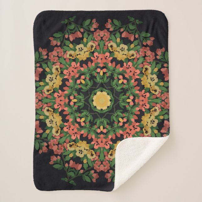 Bright floral mandala with red and yellow flowers. sherpa blanket (Front)