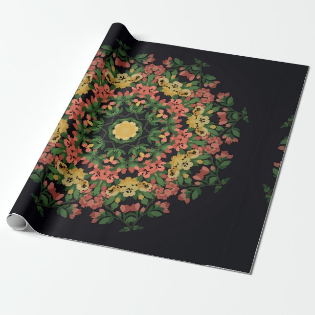 Bright floral mandala with red and yellow flowers. wrapping paper (Unrolled)