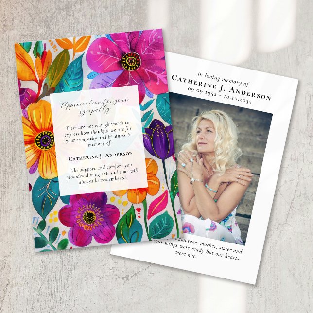 Bright Floral Memorial Photo Sympathy Funeral Thank You Card (Creator Uploaded)