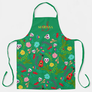 Bright floral Mexican 5 de mayo green monogram Apron