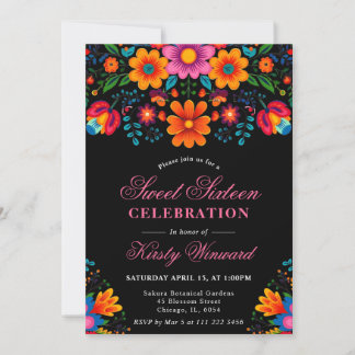 Bright Floral Mexican Folk Art Sweet 16 Invitation