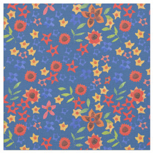 Bright Floral Miniprint Pattern on Blue Fabric