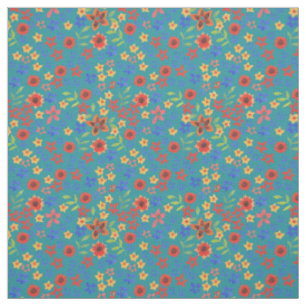 Bright Floral Miniprint Pattern on Teal Fabric