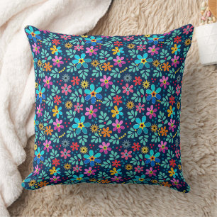 Bright floral multicolored pattern retro sixties cushion