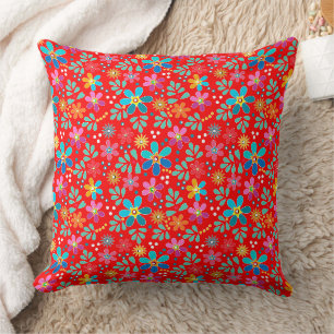 Bright floral multicolored pattern retro sixties cushion