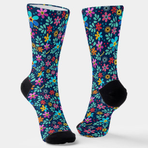 Bright floral multicolored pattern retro sixties socks