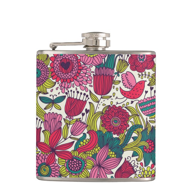 Bright floral pattern hip flask (Front)