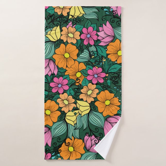 bright floral pattern on a green background. Vinta Bath Towel (Bath Towel)