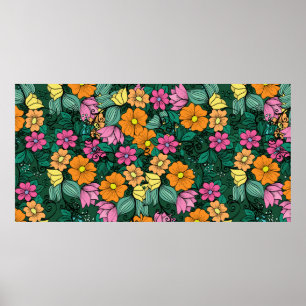 bright floral pattern on a green background. Vinta Poster
