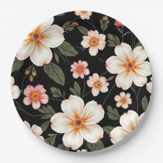 Bright floral pattern on black paper plate