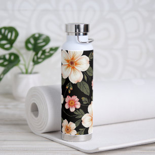 Bright floral pattern on black water bottle