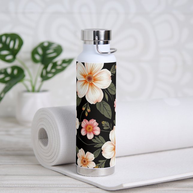 Bright floral pattern on black water bottle (Yoga (Rotated))