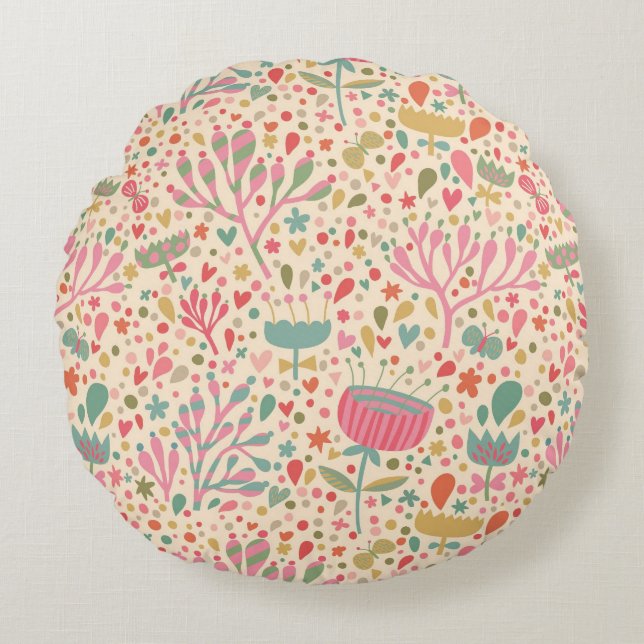 Bright floral pattern round cushion (Front)