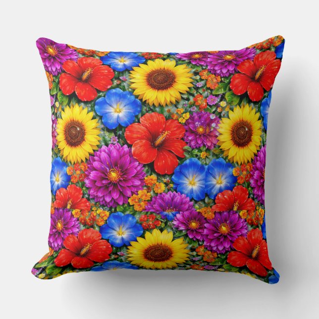 Bright Floral Pattern Sunflower, Poppy & Daisies Cushion (Front)