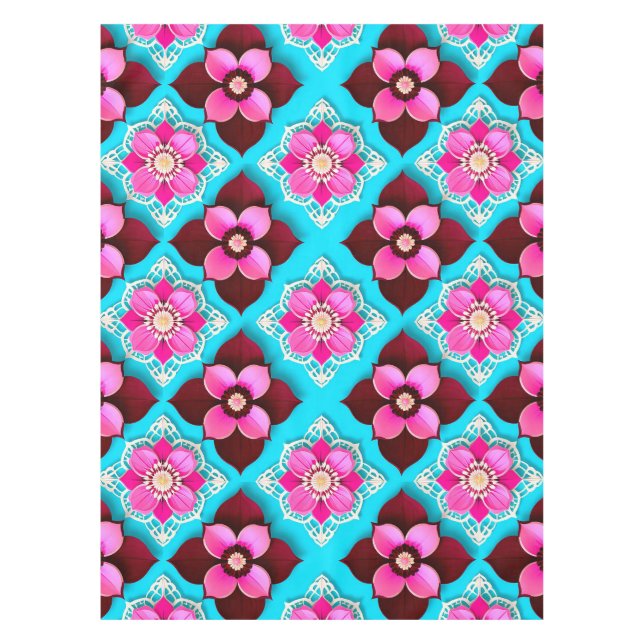 Bright Floral Pattern with Pink Flowers Tablecloth (Front)