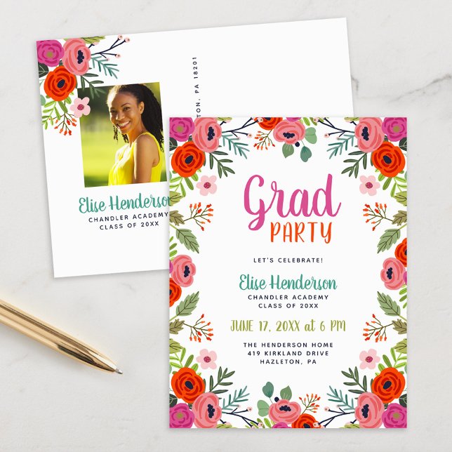 Bright Floral Photo Graduation Party Invite (Creator Uploaded)