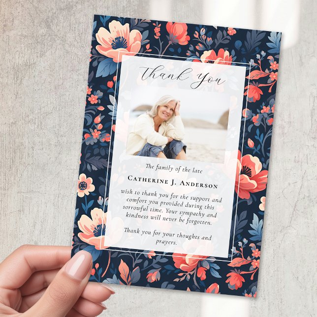 Bright Floral Photo Sympathy Funeral Memorial Thank You Card (Creator Uploaded)