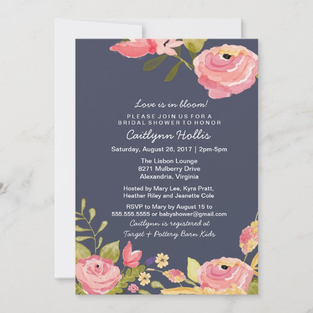 Bright Floral Pink & Navy Baby, Bridal or Birthday Invitation (Front)