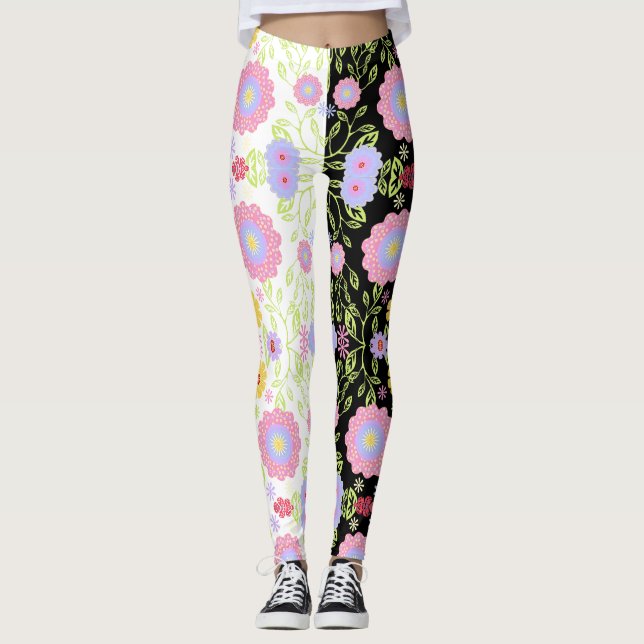 Bright Floral Pop Art Painting Bi-Colour Pattern Leggings (Front)