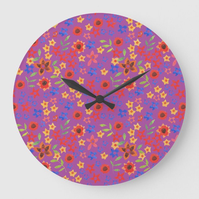 Bright Floral Print on Magenta Round Wall Clock (Front)