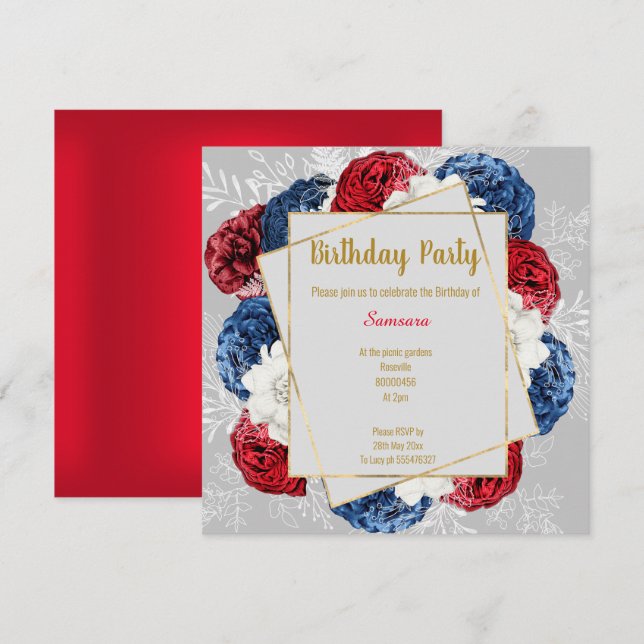 BRIGHT FLORAL RED BLUE GREY FRAME BIRTHDAY SQUARE INVITATION (Front/Back)