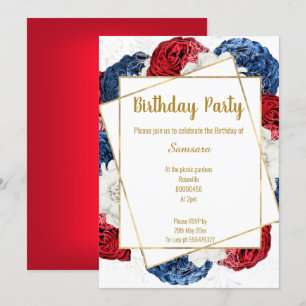 BRIGHT FLORAL RED BLUE WHITE FRAME BIRTHDAY INVITATION