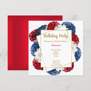 BRIGHT FLORAL RED BLUE WHITE FRAME BIRTHDAY SQUARE INVITATION