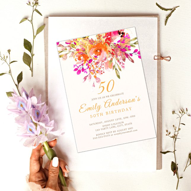 Bright Floral Romantic 50th Birthday Party Invitation (Creator Uploaded)