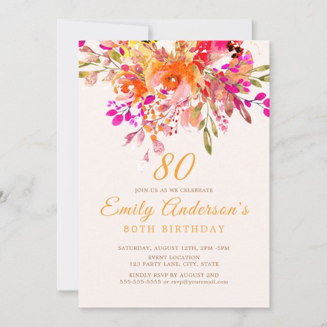 Bright Floral Romantic 80th Birthday Party Invitation (Front)