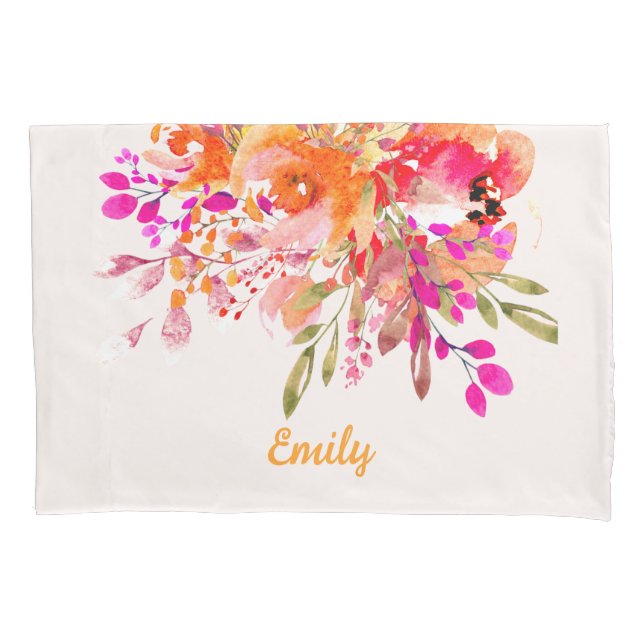 Bright Floral Romantic Custom Name Pillowcase (Front)