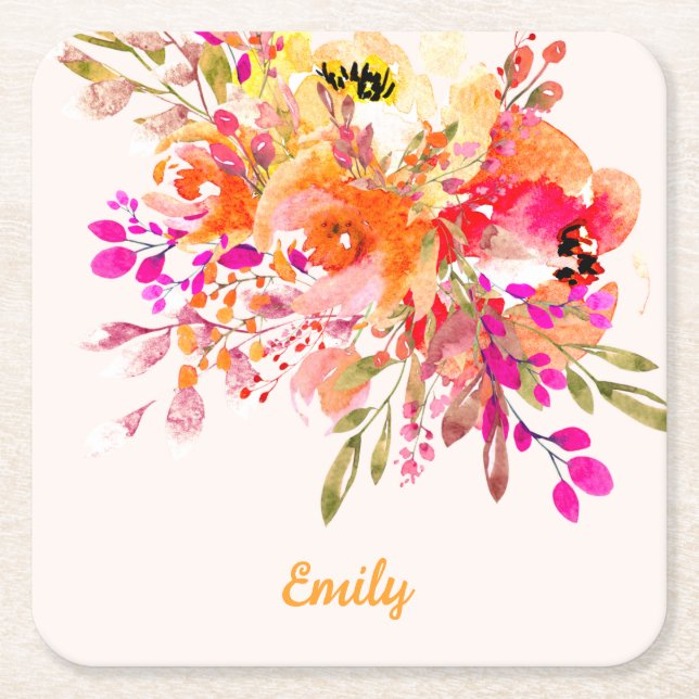 Bright Floral Romantic Custom Name Square Paper Coaster (Front)