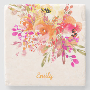 Bright Floral Romantic Custom Name Stone Coaster