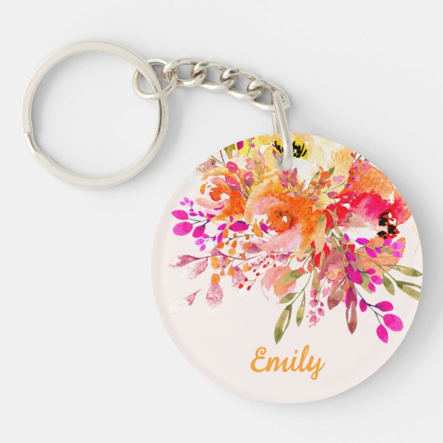 Bright Floral Romantic Personalised Key Ring (Front)