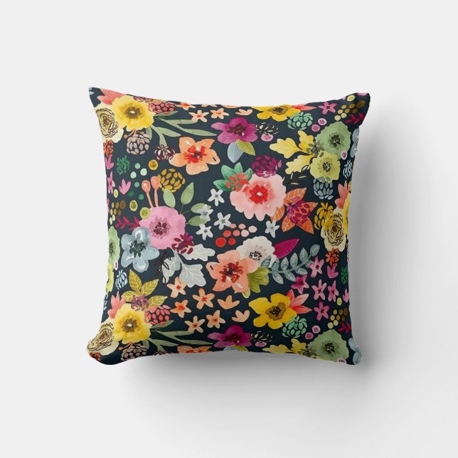 Bright Floral Satin Pattern On Black Cushion (Front)