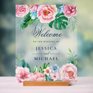 Bright Floral Tropical Wedding Welcome Acrylic Sign