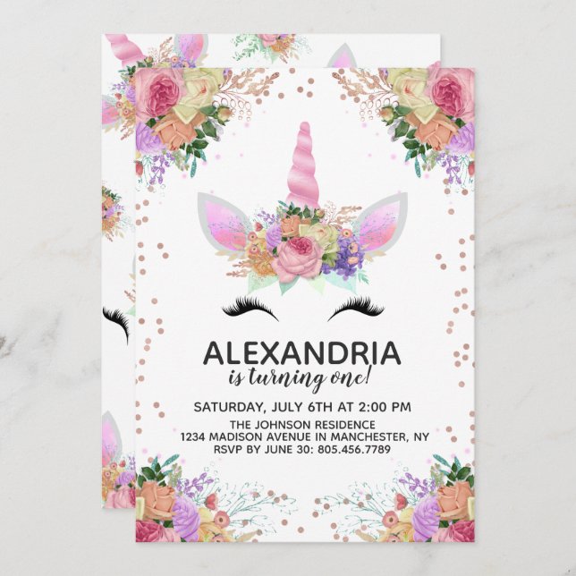 Bright Floral Unicorn Birthday Invitation (Front/Back)