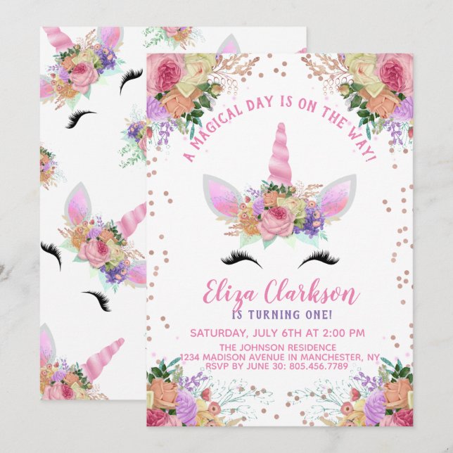 Bright Floral Unicorn Birthday Invitation (Front/Back)