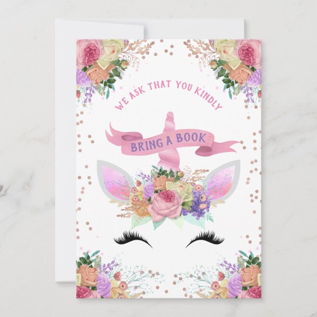 Bright Floral Unicorn Bring A Book Invitation (Front)