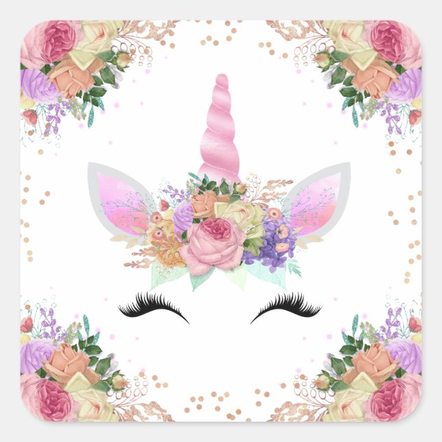 Bright Floral Unicorn Square Sticker (Front)