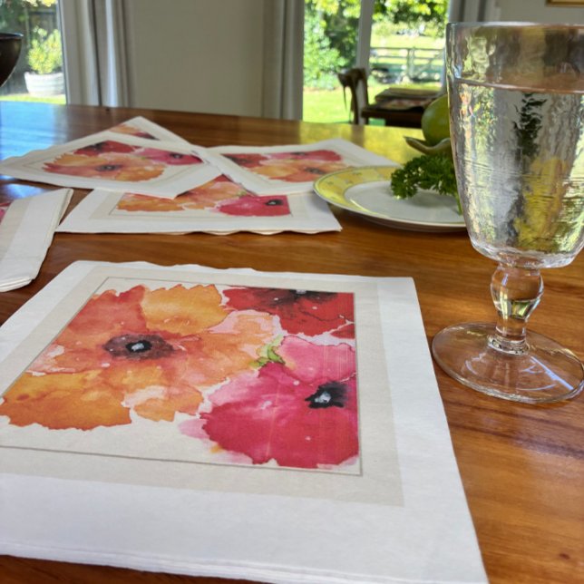 Bright Floral Watercolor Napkin (Bright watercolor poppy napkin for stylish entertaining and garden-party tables.)