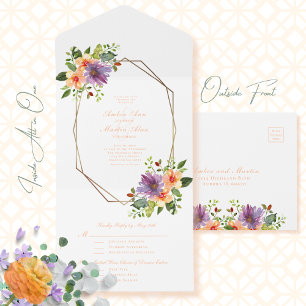 Bright Floral Watercolor Purple Peach Wedding All In One Invitation