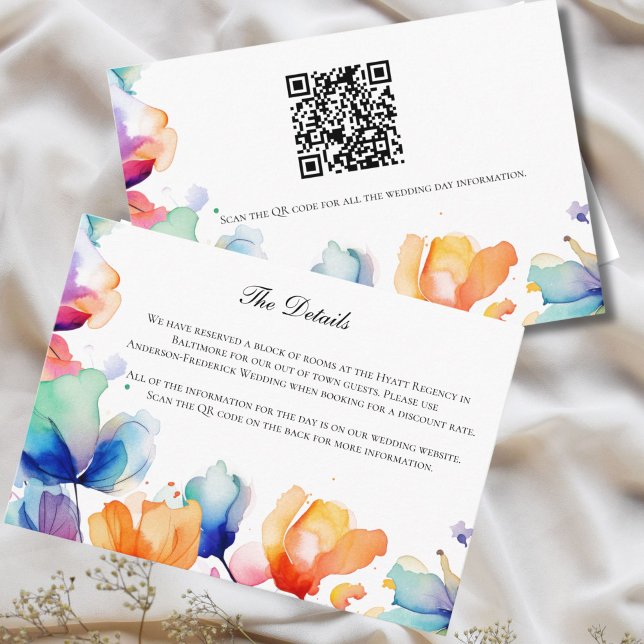 Bright Floral Watercolor Wedding Details Enclosure Card (Bright Floral Watercolor Purple Blue Orange Wedding Details Enclosure Card with QR Code )