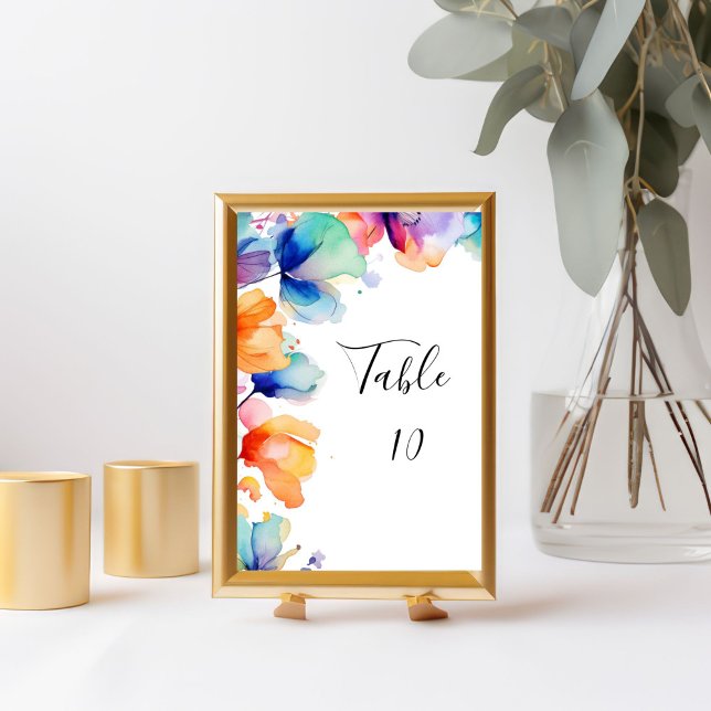 Bright Floral Watercolor Wedding Table Number Card (Bright Floral Watercolor Purple Orange Blue Flowers Wedding Table number card)