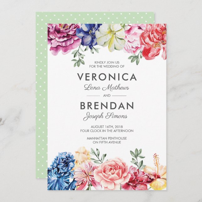 Bright Floral Watercolour Wedding invitation (Front/Back)