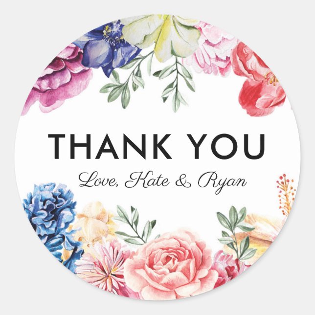 Bright floral wedding thank you stickers (Front)