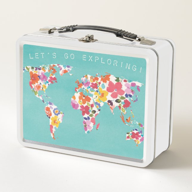 Bright Floral World Teal Metal Lunch Box (Front)