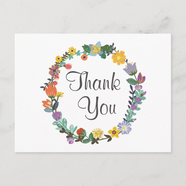 Bright Floral Wreath Spring Wedding Thank You Postcard (Front)