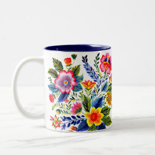 Bright Florals Faux Yarn Embroidery Design Two-Tone Coffee Mug