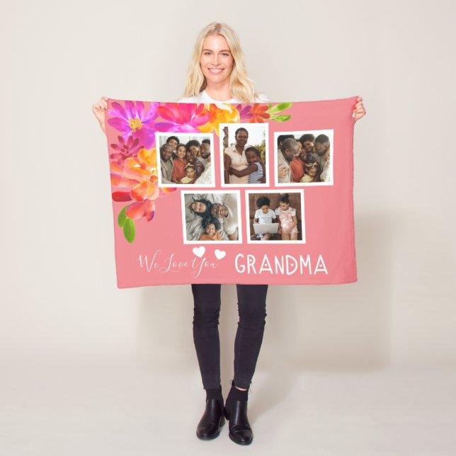 Bright Florals Love You Grandma Photo Collage Fleece Blanket (In Situ)