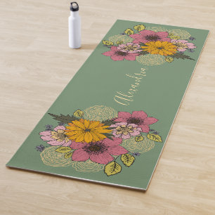 Bright Florals on soft Green, Personalised Yoga Mat